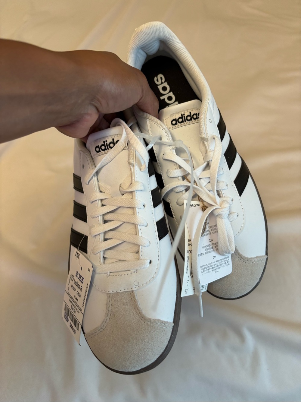 adidas White Sneakers with Black Stripes and Suede Toe